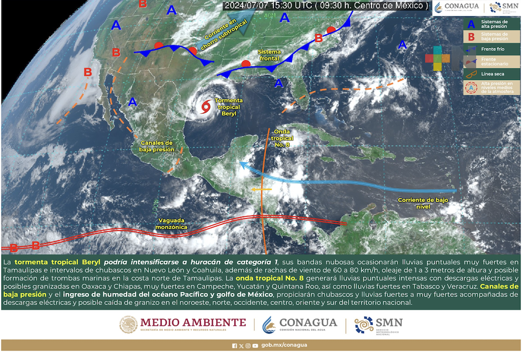 «Beryl» se desplaza hacia norte de Tamaulipas, podría intensificarse a huracán categoría 1
